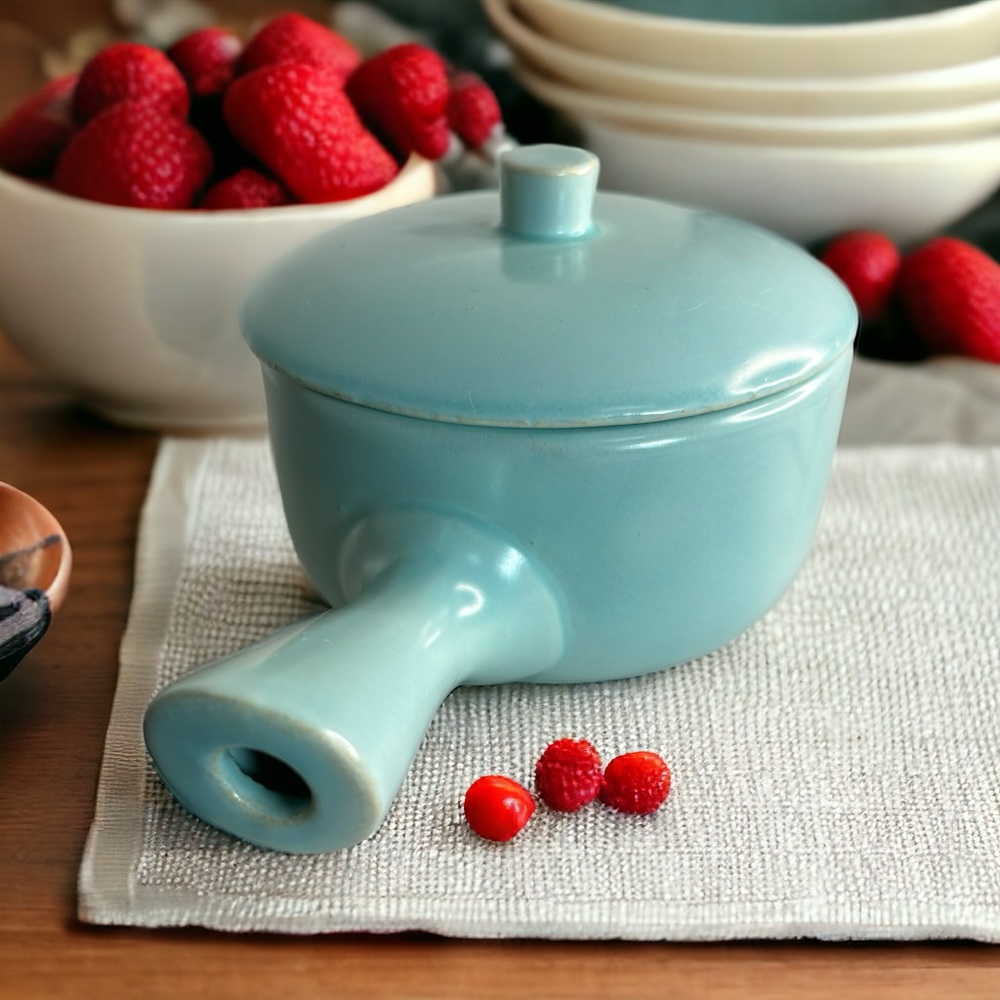 La Solana Pottery Handled Soup Bean Pot Lidded Individual Casserole Dish Aqua